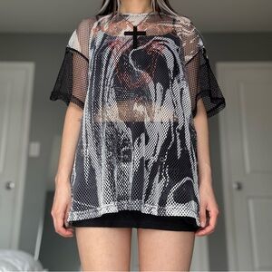 Punk Rave Graphic Black & White Marbled Fishnet Mesh T-Shirt